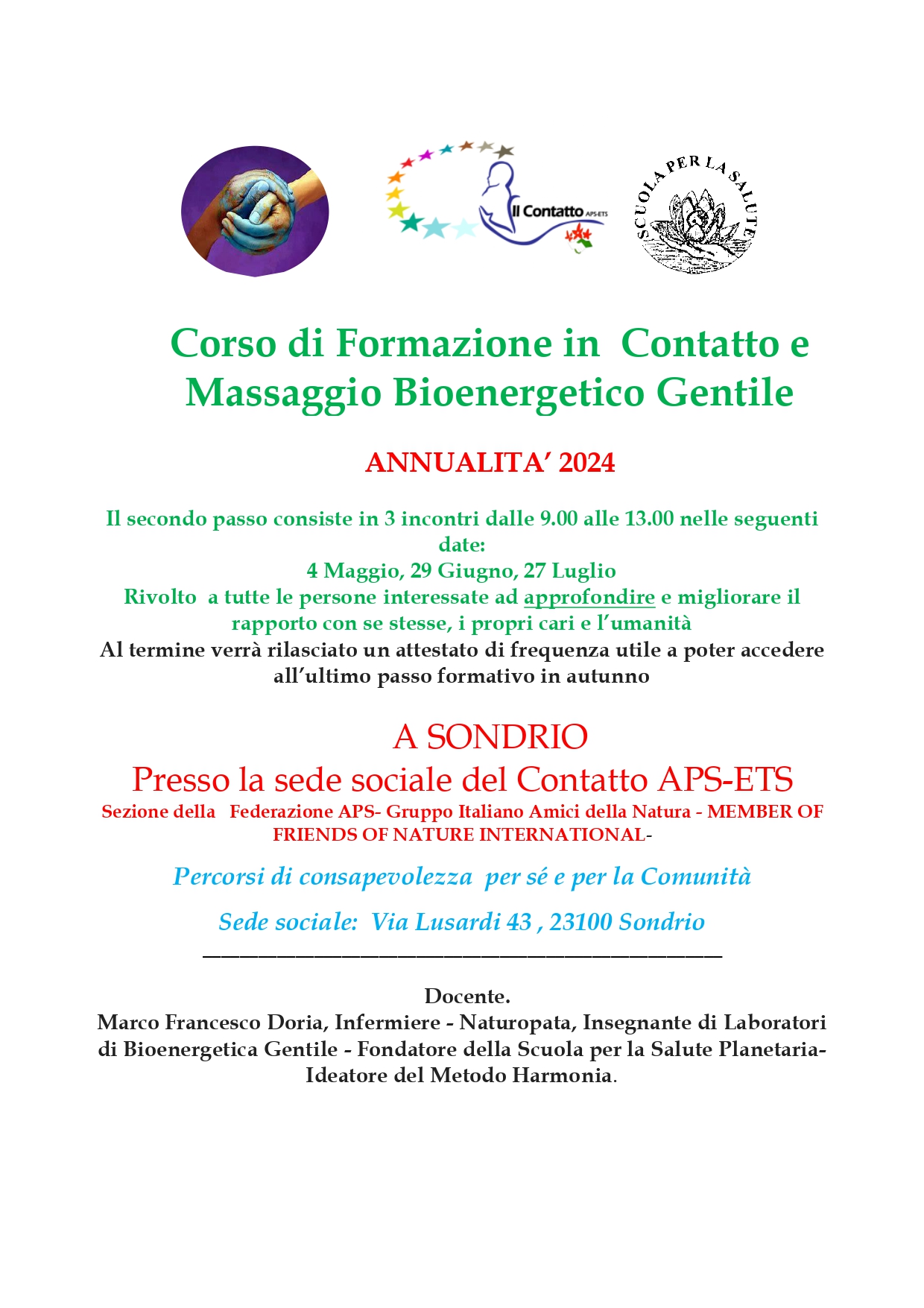 Corso di Formazione in  Contatto e Massaggio Bioenergetico Gentile